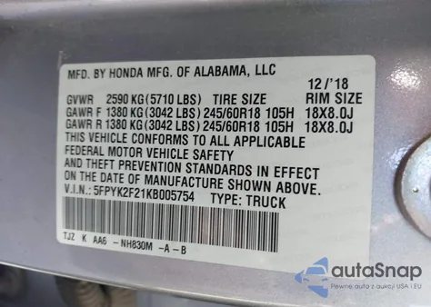 2019 Honda Ridgeline Rt from USA, damaged, VIN 5FPYK2F21KB005754